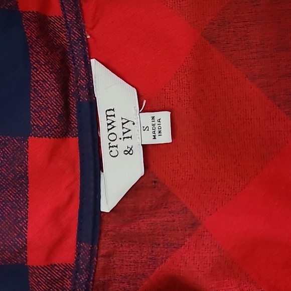 Crown & Ivy Red & Navy Blue Plaid Blouse with a ruffled neckline size Small - Picture 3 of 7